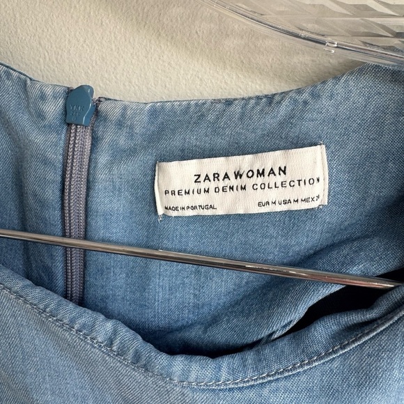 Zara Chambray Ruffle 3/4 Sleeve Light Denim Mini Dress Size M - Picture 9 of 12